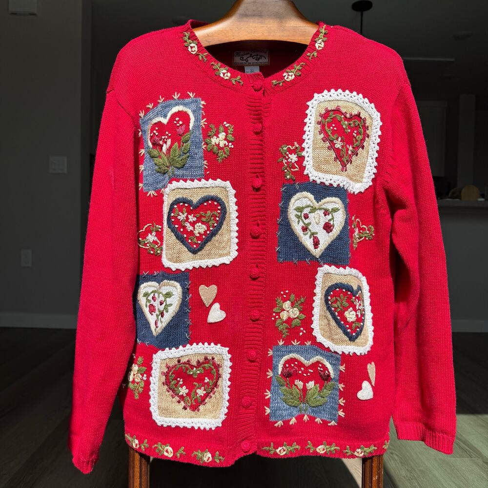 Heirloom Collectibles Embroidered L Cardigan Cottagecore Y2K Holiday Ramie Blend